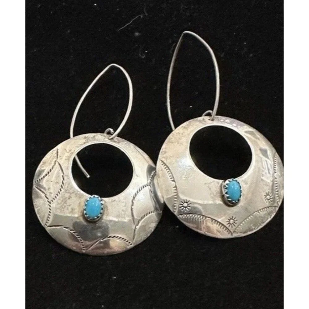 Vintage Southwest Hand Stamped Sterling Silver Concho Turquoise Earrings